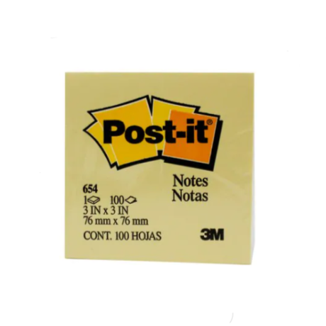 3M Post-it 654 Sticky Notes Yellow 3x3in